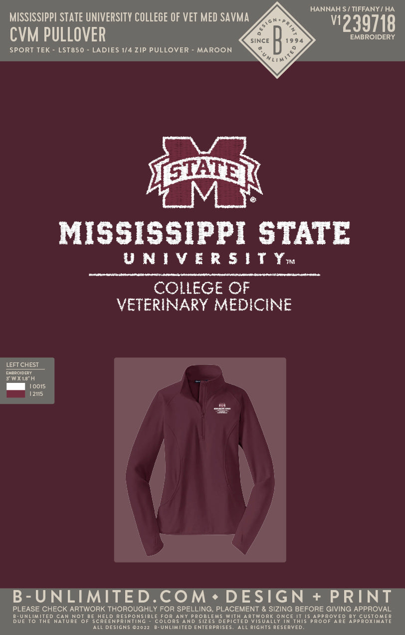 Mississippi State University College of Vet Med SAVMA - CVM Pullover - Sport Tek - LST850 - Ladies 1/4 Zip Pullover - Maroon