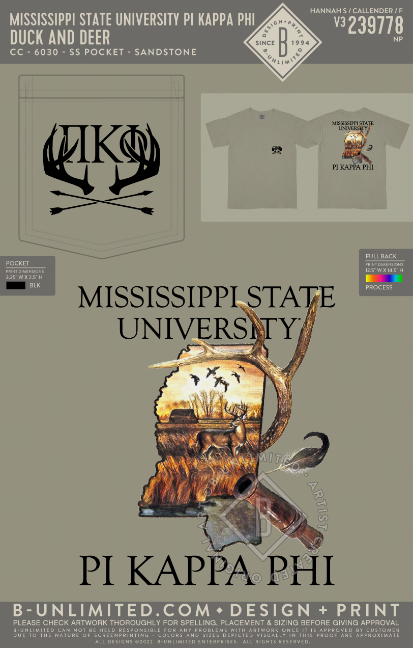 Mississippi State University Pi Kappa Phi - Duck and Deer - CC - 6030 - SS Pocket - Sandstone