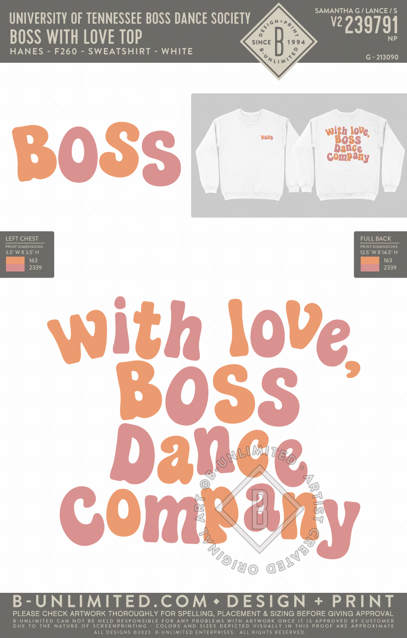 University of Tennessee BOSS Dance Society - BOSS With Love Top - Hanes - F260 - Sweatshirt - White