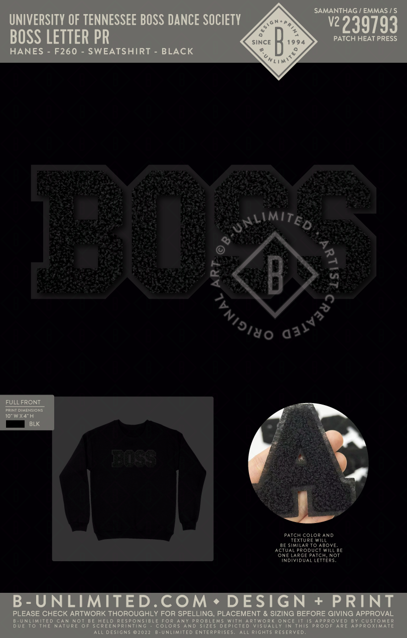 University of Tennessee BOSS Dance Society - BOSS Letter PR - Hanes - F260 - Sweatshirt - Black