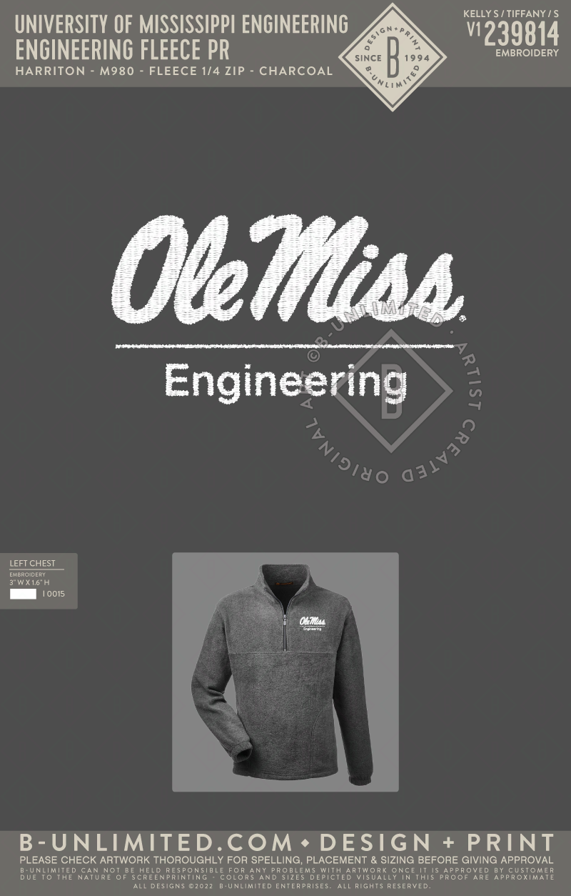 University of Mississippi Engineering - Engineering Fleece PR - Harriton - M980 - Fleece 1/4 Zip - Charcoal