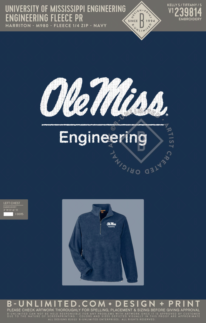 University of Mississippi Engineering - Engineering Fleece PR - Harriton - M980 - Fleece 1/4 Zip - Navy