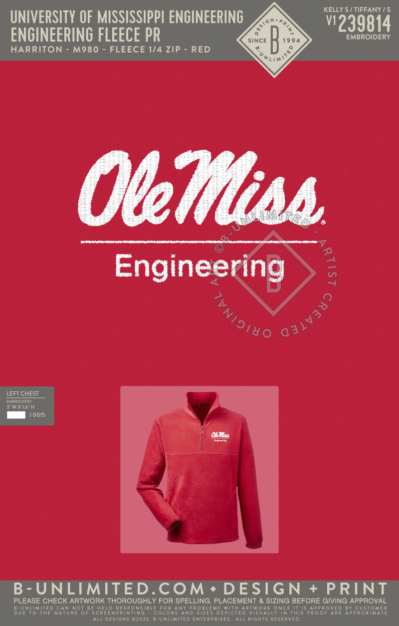 University of Mississippi Engineering - Engineering Fleece PR - Harriton - M980 - Fleece 1/4 Zip - Red