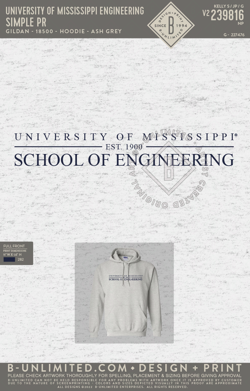University of Mississippi Engineering - Simple PR - Gildan - 18500 - Hoodie - Ash Grey
