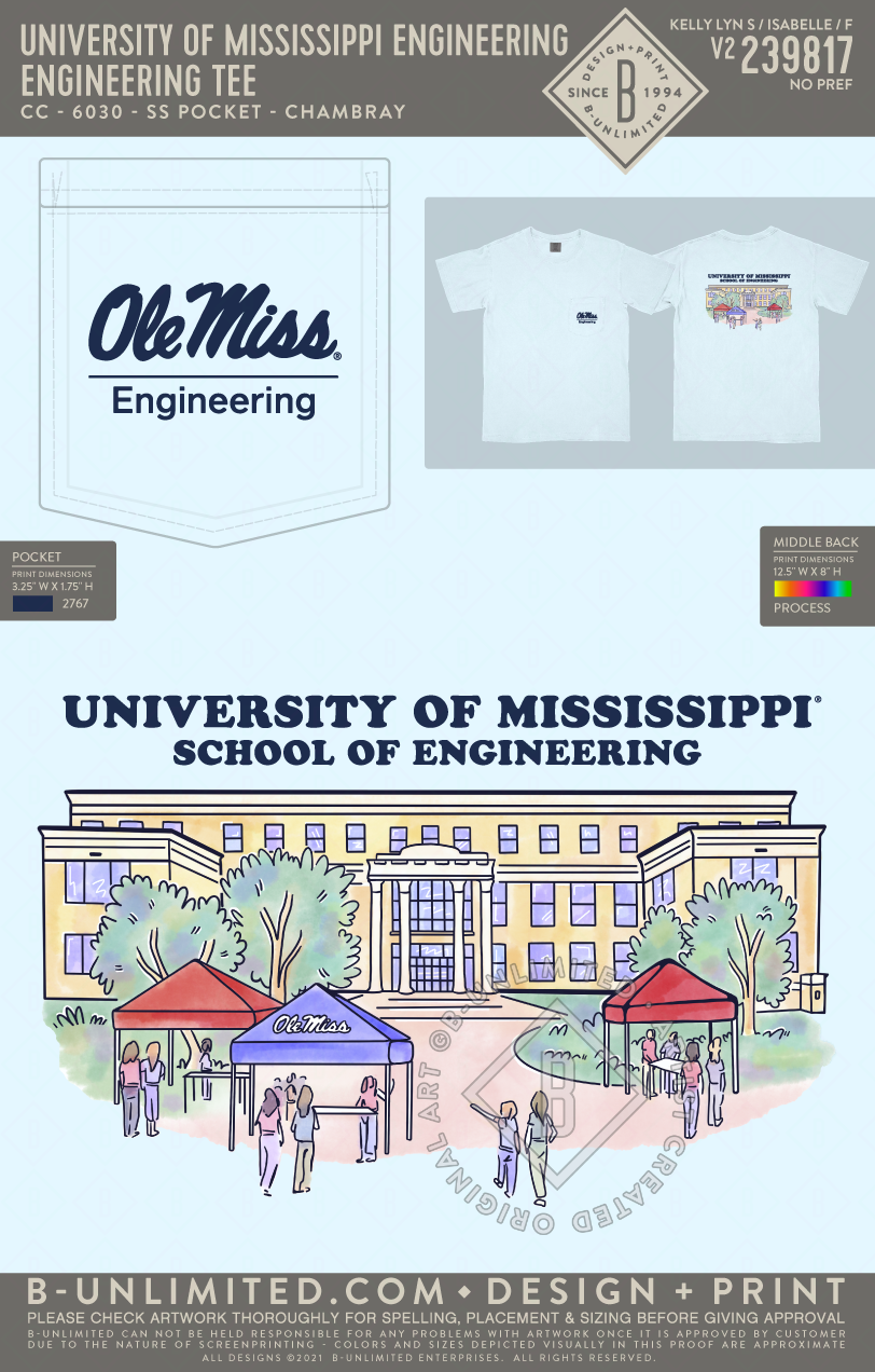 University of Mississippi Engineering - Engineering Tee - CC - 6030 - SS Pocket - Chambray