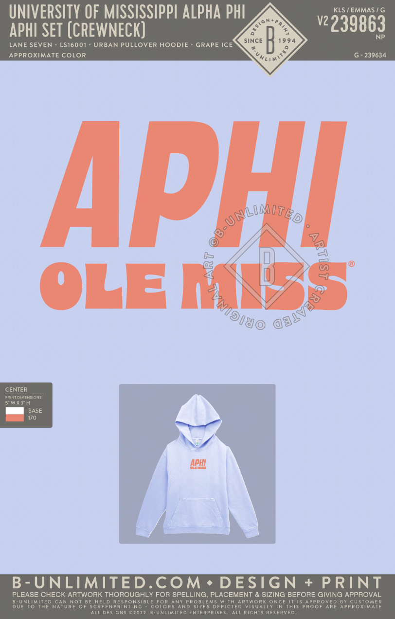 University of Mississippi Alpha Phi - Aphi Set (Hoodie) - Lane Seven - LS16001 - Urban Pullover Hoodie - Grape Ice