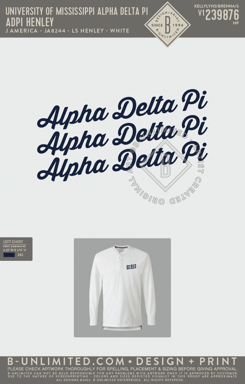 University of Mississippi Alpha Delta Pi - Adpi Henley - J America - JA8244 - LS Henley - Antique White