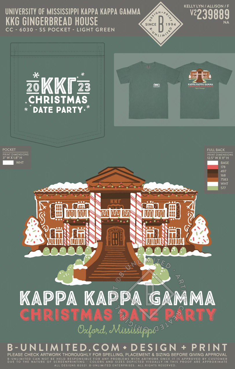 University of Mississippi Kappa Kappa Gamma - KKG Gingerbread House - CC - 6030 - SS Pocket - Light Green
