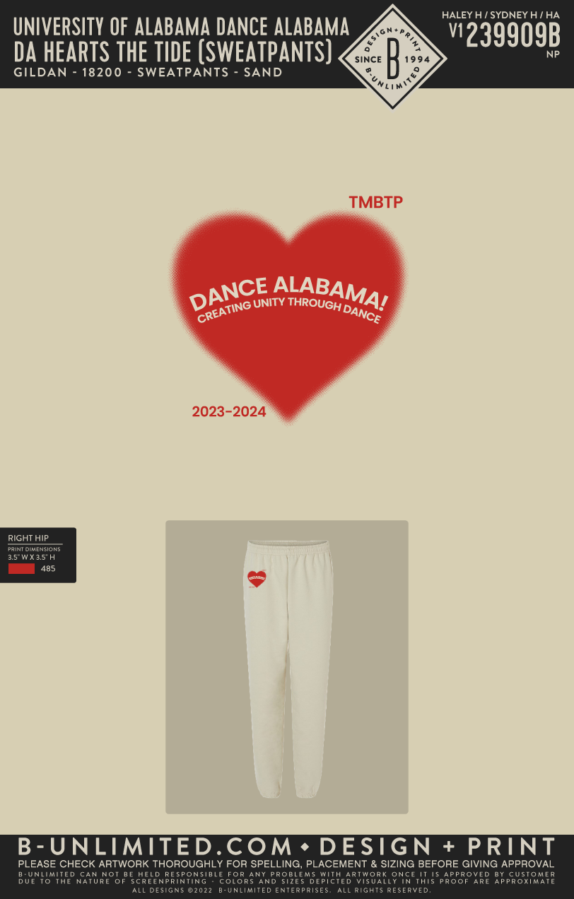 University of Alabama Dance Alabama - DA HEARTS THE TIDE (sweatpants) - Gildan - 18200 - Sweatpants - Sand