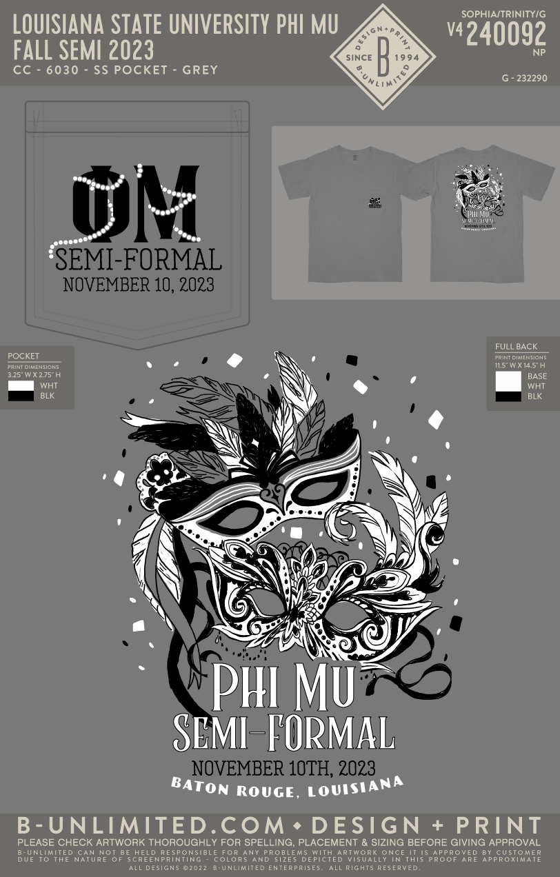 Louisiana State University Phi Mu - Fall Semi 2023 - CC - 6030 - SS Pocket - Grey (BLACK&WHITE)