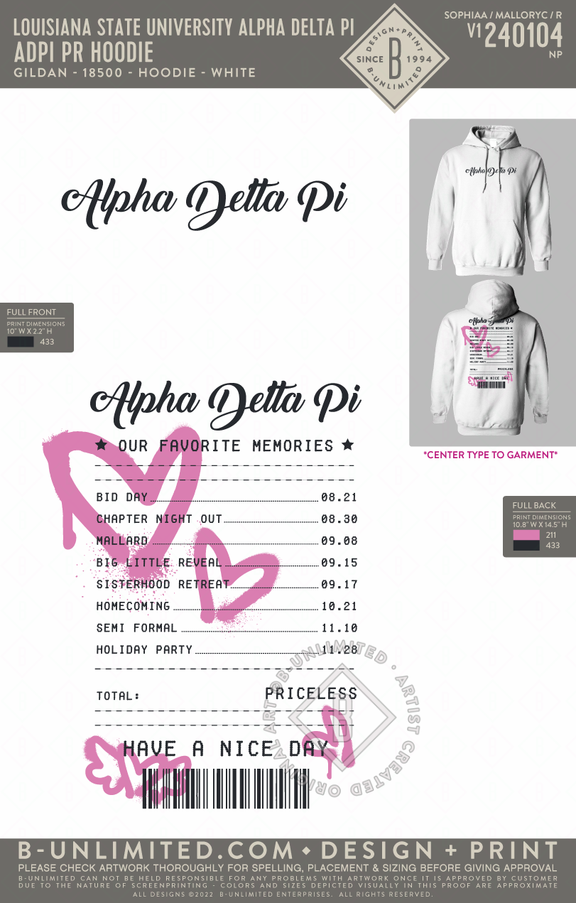 Louisiana State University Alpha Delta Pi - ADPI PR HOODIE - Gildan - 18500 - Hoodie - White