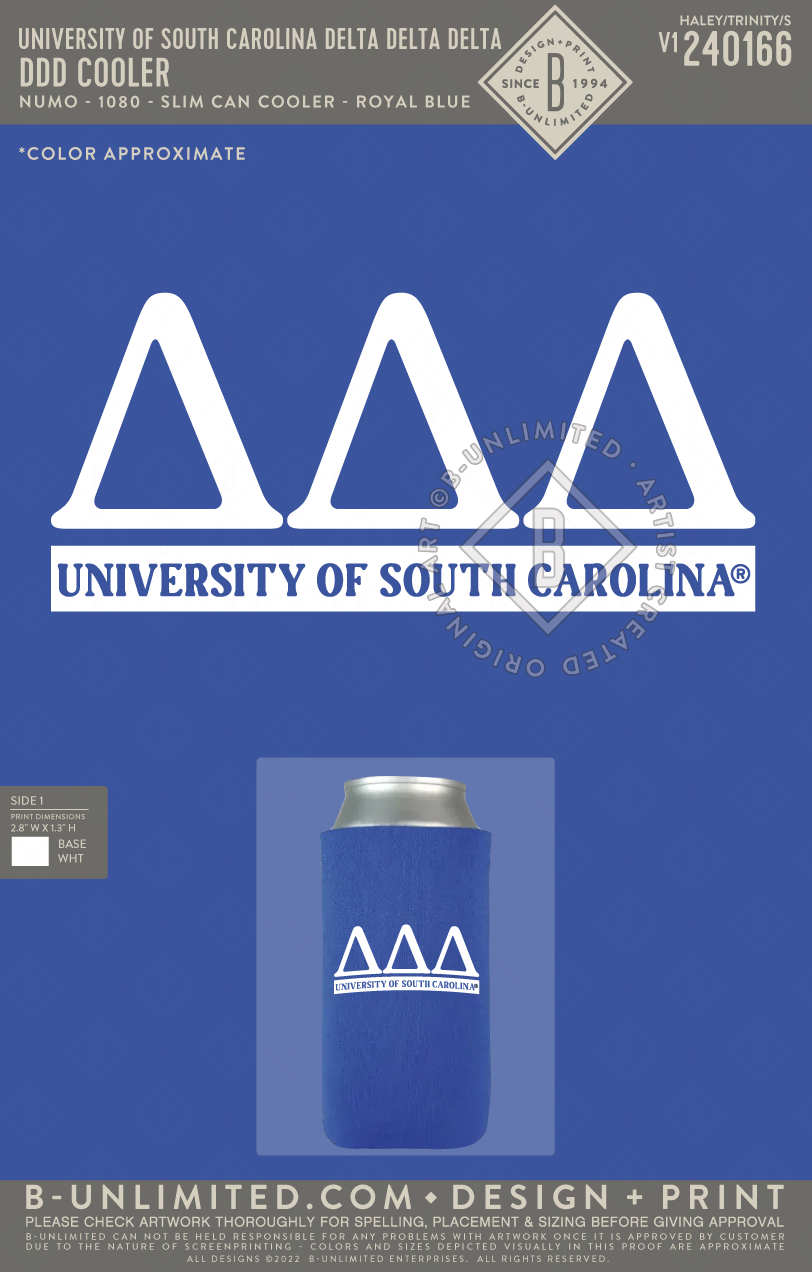 University of South Carolina Delta Delta Delta - DDD Cooler - Numo - 1080 - Slim Can Cooler - Something Blue
