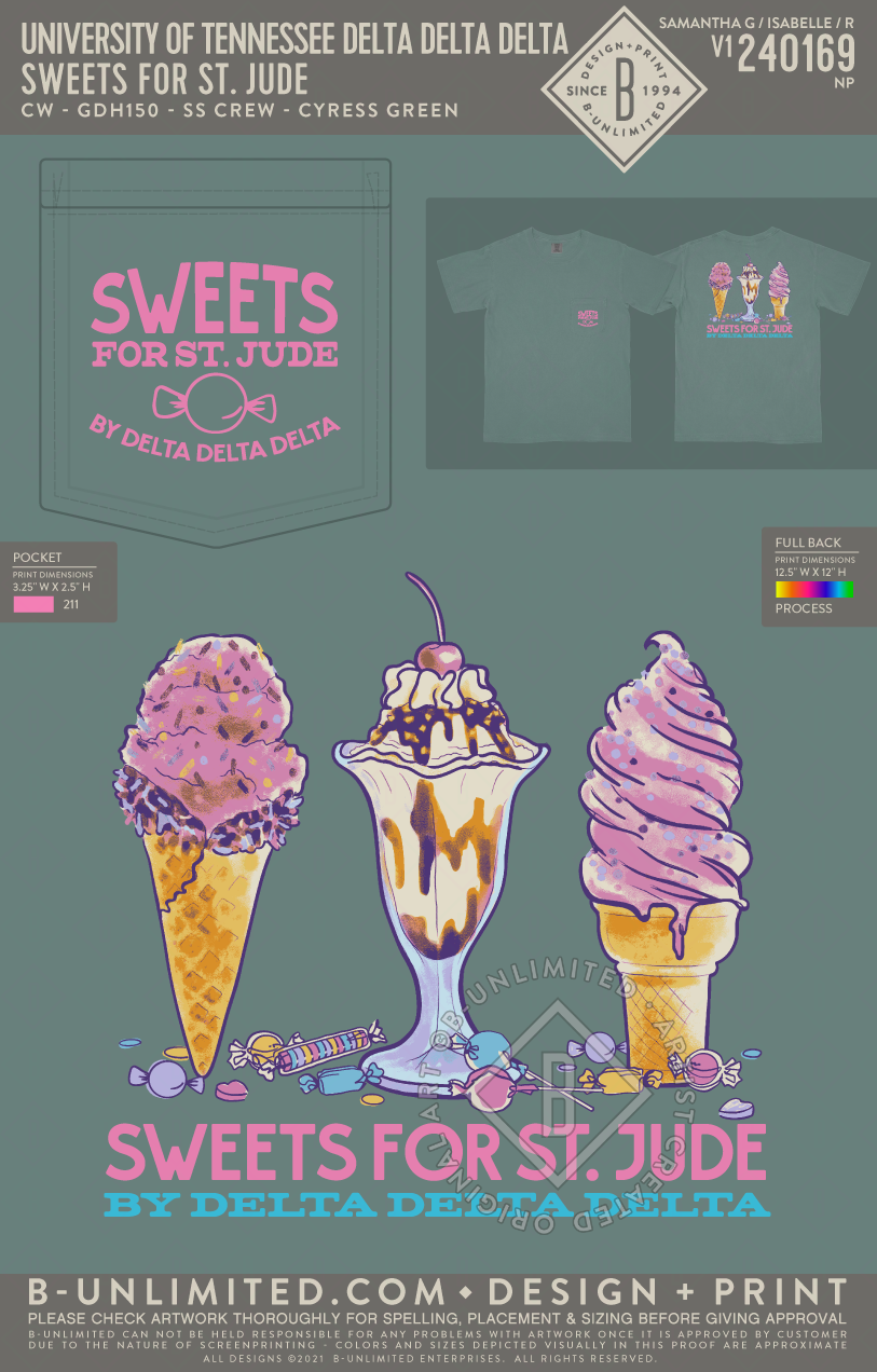 University of Tennessee Delta Delta Delta - Sweets For St. Jude - CW - GDH150 - SS Pocket - Cypress Green