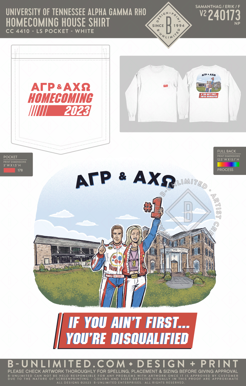 University of Tennessee Alpha Gamma Rho - Homecoming House Shirt - CC - 4410 - LS Pocket - White