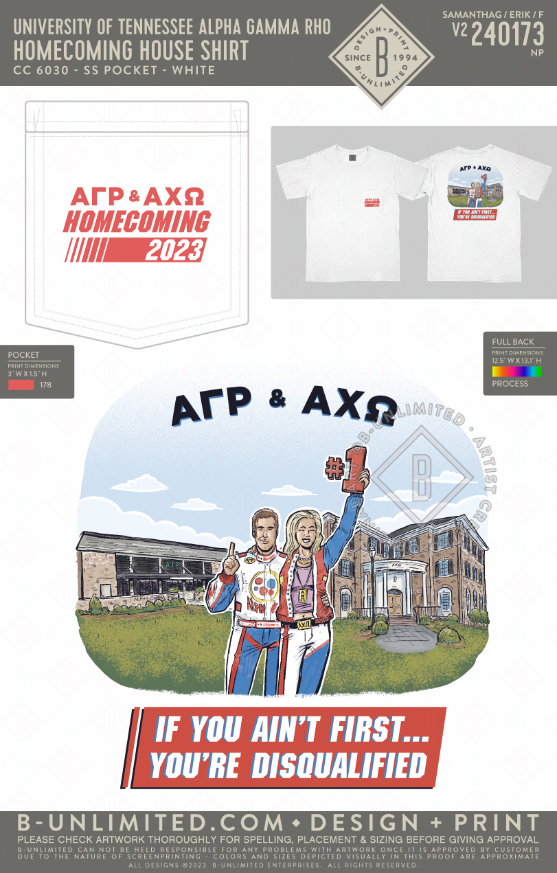 University of Tennessee Alpha Gamma Rho - Homecoming House Shirt - CC - 6030 - SS Pocket - White