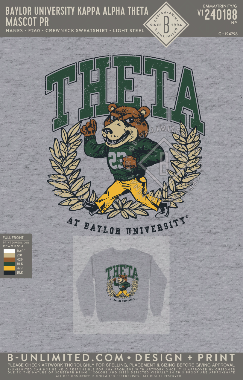 Baylor University Kappa Alpha Theta - Mascot PR - Hanes - F260 - Sweatshirt - Light Steel