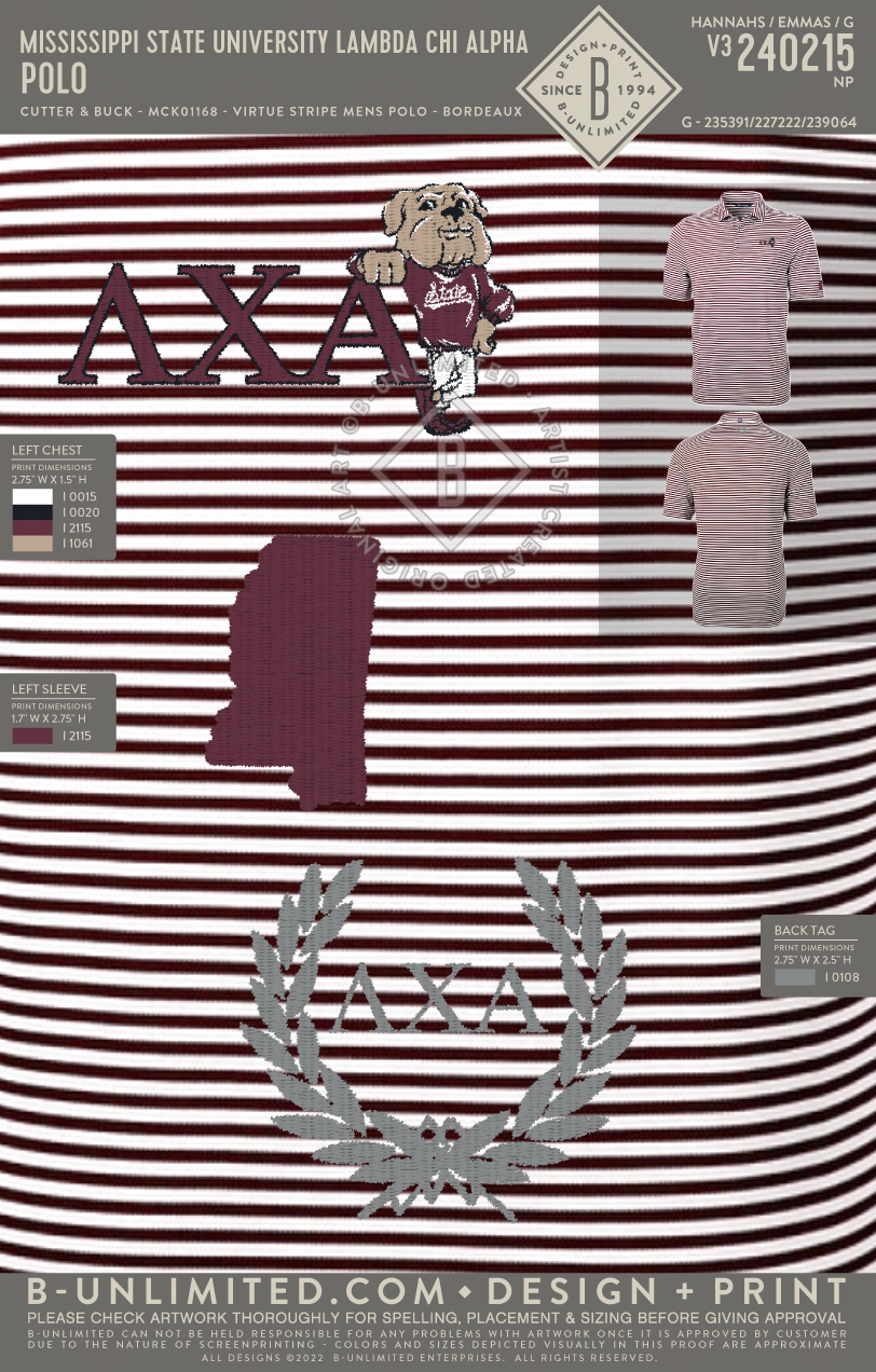 Mississippi State University Lambda Chi Alpha - Polo - Cutter & Buck - MCK01168 - Virtue Eco Pique Stripe Recycled Mens Polo - Bordeaux