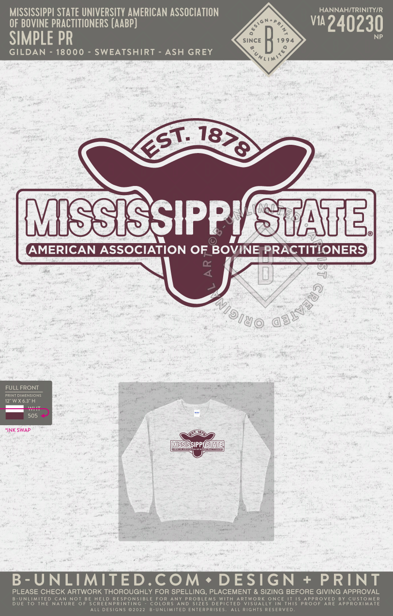 Mississippi State University American Association of Bovine Practitioners (AABP) - Simple PR - Gildan - 18000 - Sweatshirt - Ash Grey