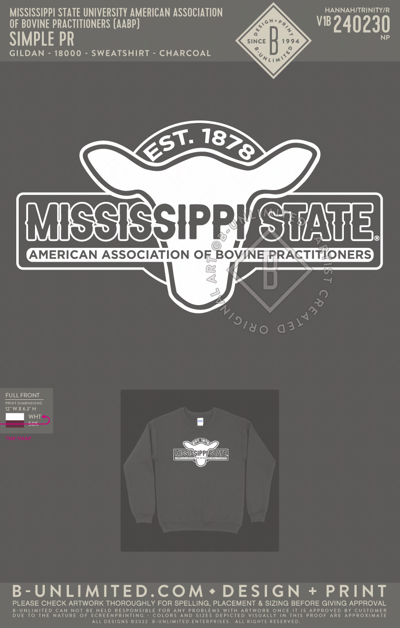 Mississippi State University American Association of Bovine Practitioners (AABP) - Simple PR - Gildan - 18000 - Sweatshirt - Charcoal