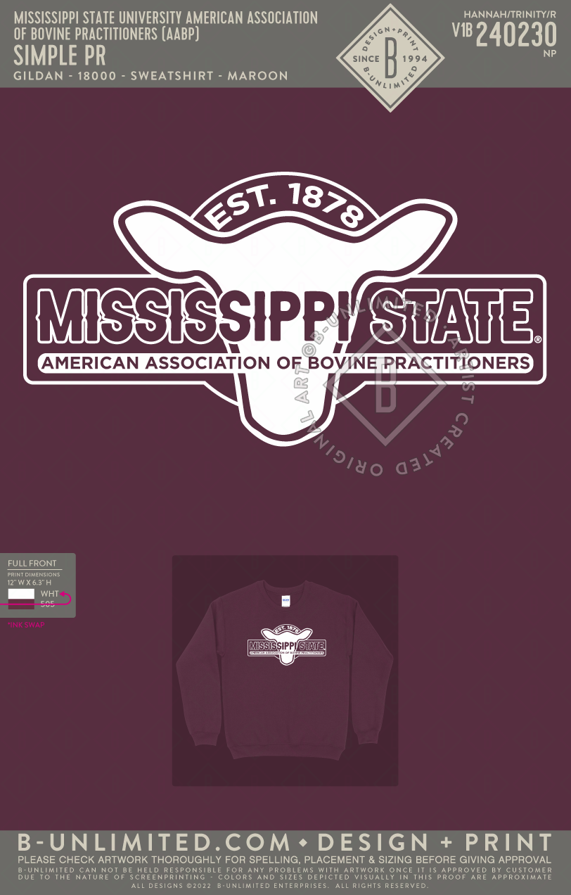 Mississippi State University American Association of Bovine Practitioners (AABP) - Simple PR - Gildan - 18000 - Sweatshirt - Maroon