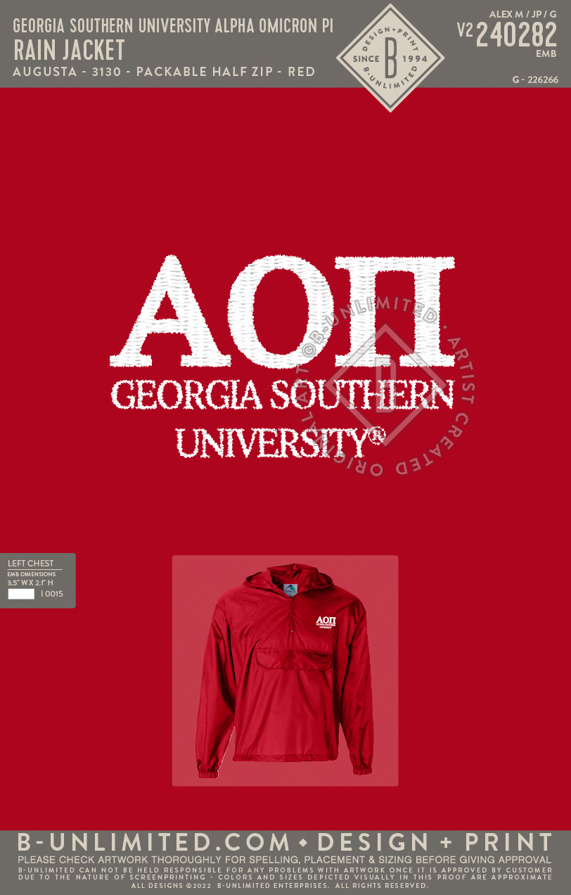 Georgia Southern University Alpha Omicron Pi - Rain Jacket - Augusta - 3130 - Packable Half Zip - Red