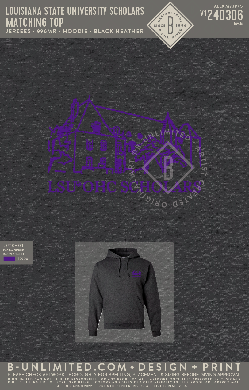 Louisiana State University Scholars - Matching Top - Jerzees - 996MR - Hoodie - Black Heather