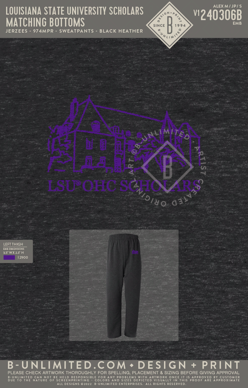 Louisiana State University Scholars - Matching Bottoms - Jerzees - 974MPR - Sweatpants - Black Heather