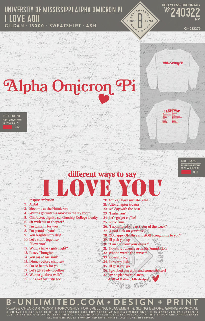 University of Mississippi Alpha Omicron Pi - I love AOII - Gildan - 18000 - Sweatshirt - Ash Grey