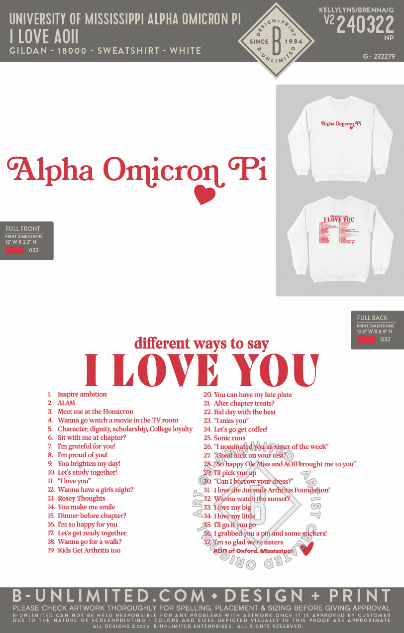 University of Mississippi Alpha Omicron Pi - I love AOII - Gildan - 18000 - Sweatshirt - White