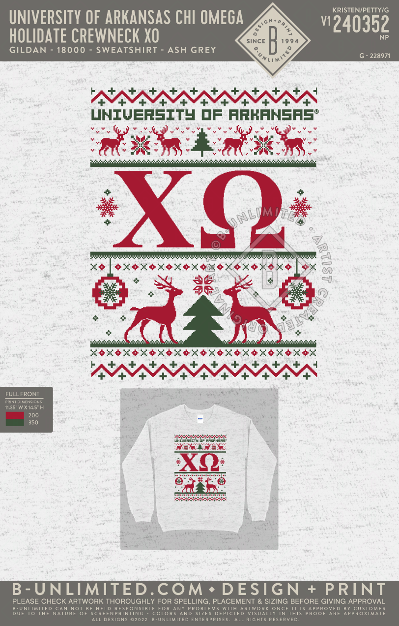 University of Arkansas Chi Omega - Holidate Crewneck XO - Gildan - 18000 - Sweatshirt - Ash Grey