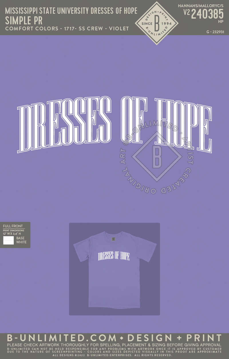 Mississippi State University Dresses of Hope - Simple PR - CC - 1717 - SS Crew - Violet