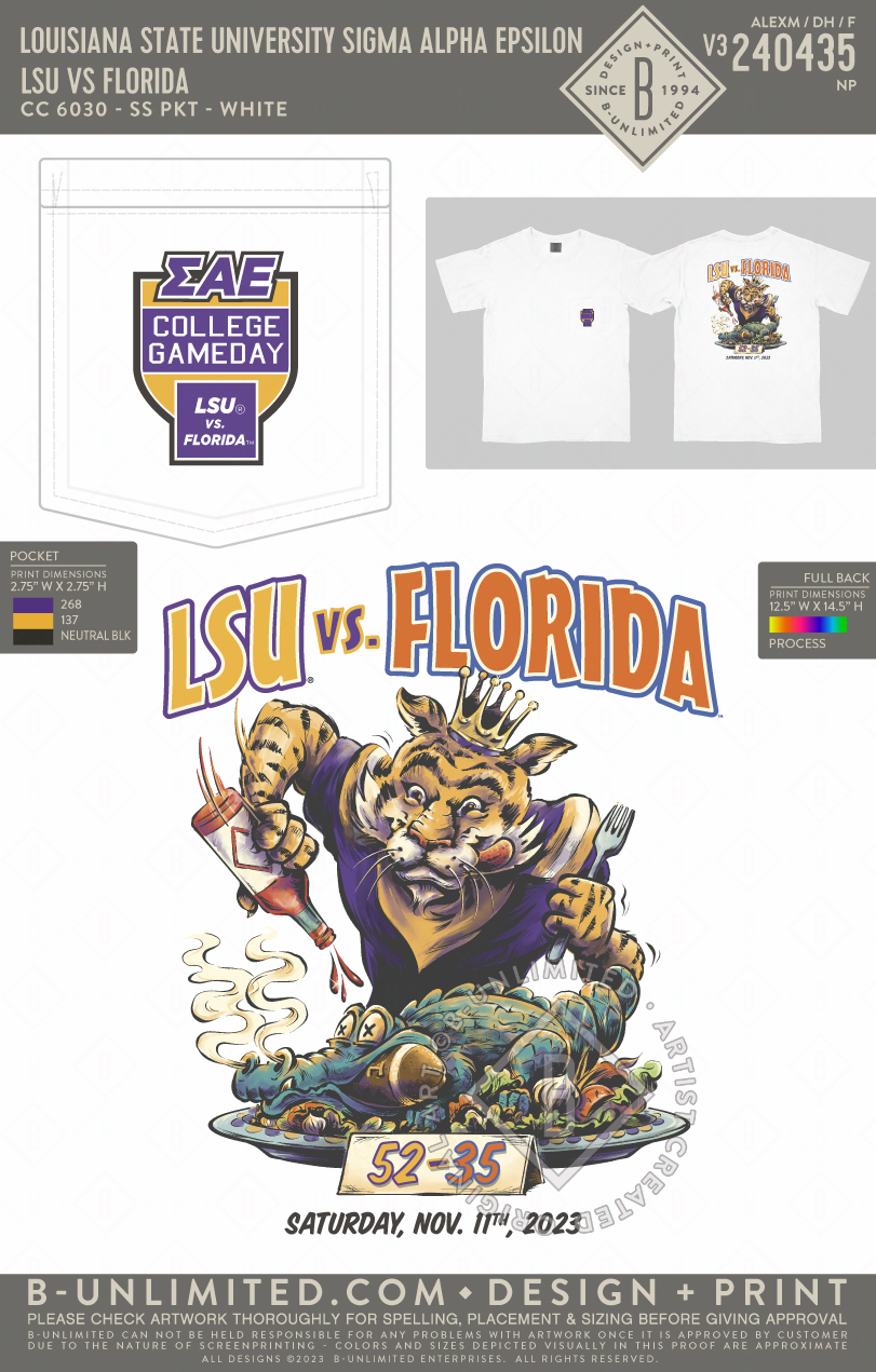 Louisiana State University Sigma Alpha Epsilon - LSU vs. Florida - CC - 6030 - SS Pocket - White