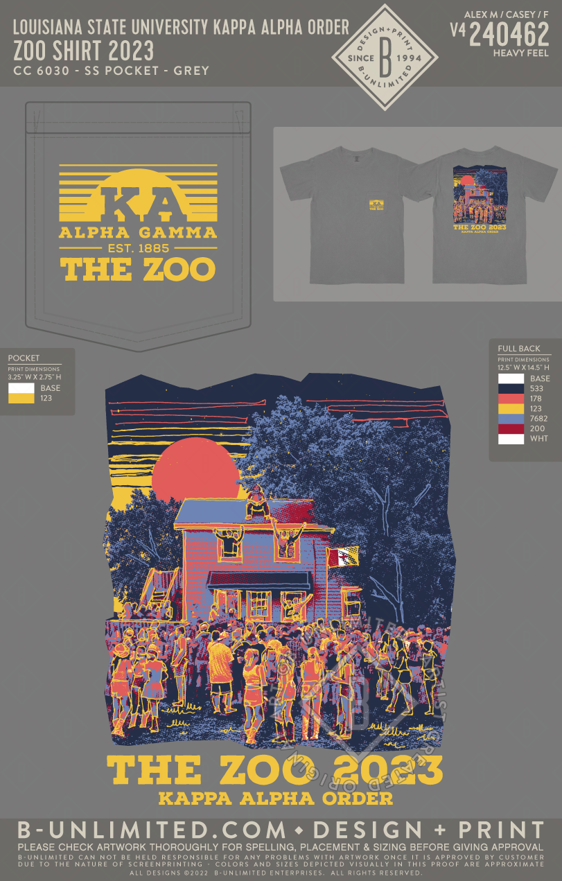 Louisiana State University Kappa Alpha Order - Zoo Shirt 2023 - CC - 6030 - SS Pocket - Grey