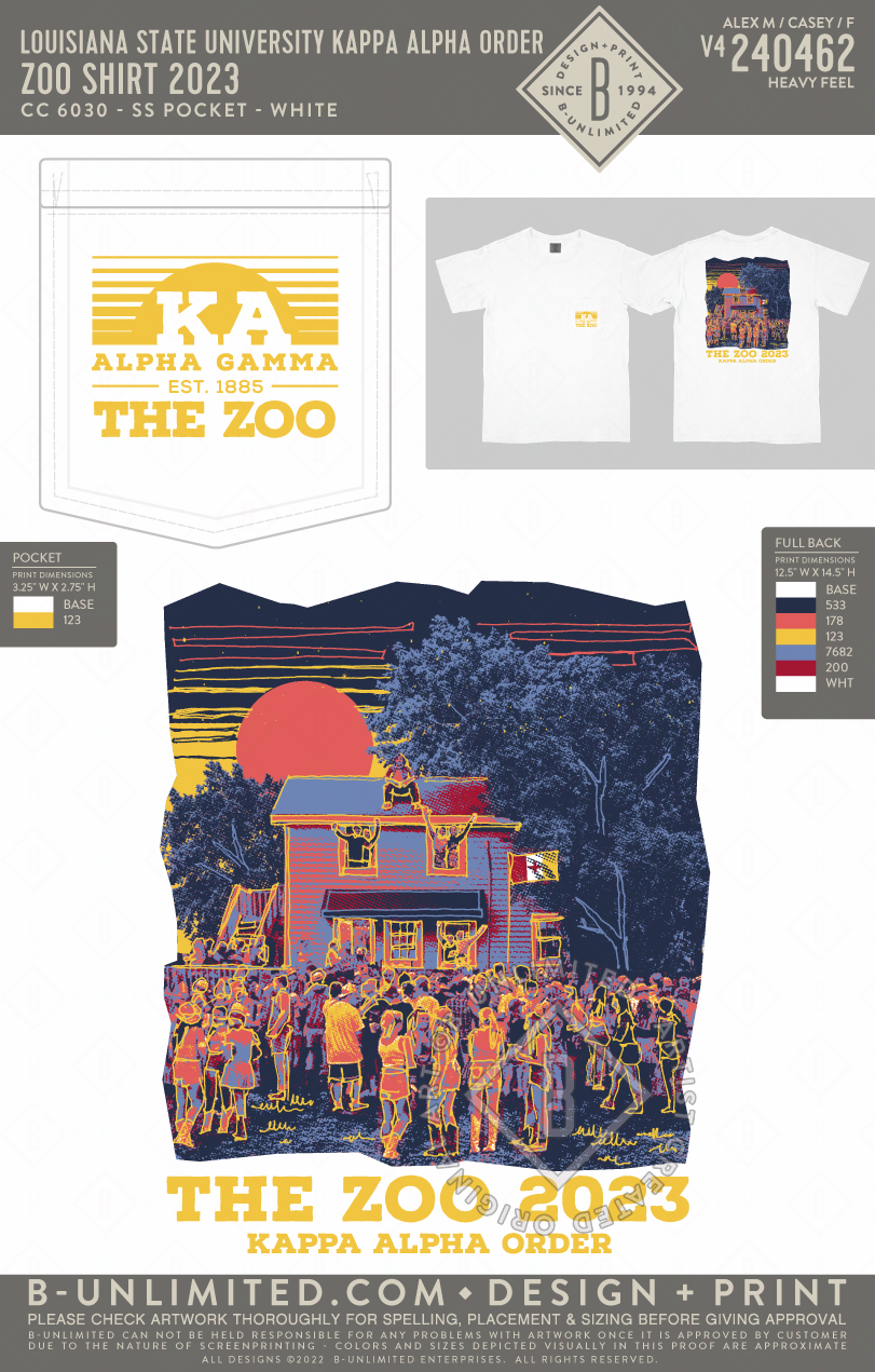 Louisiana State University Kappa Alpha Order - Zoo Shirt 2023 - CC - 6030 - SS Pocket - White