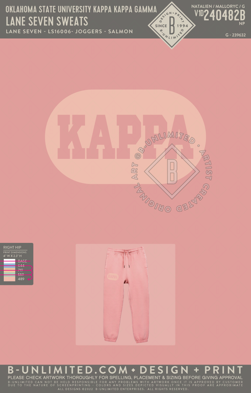 Oklahoma State University Kappa Kappa Gamma - Lane Seven Sweats - Lane Seven - LS16006 - Urban Jogger Sweat - Salmon