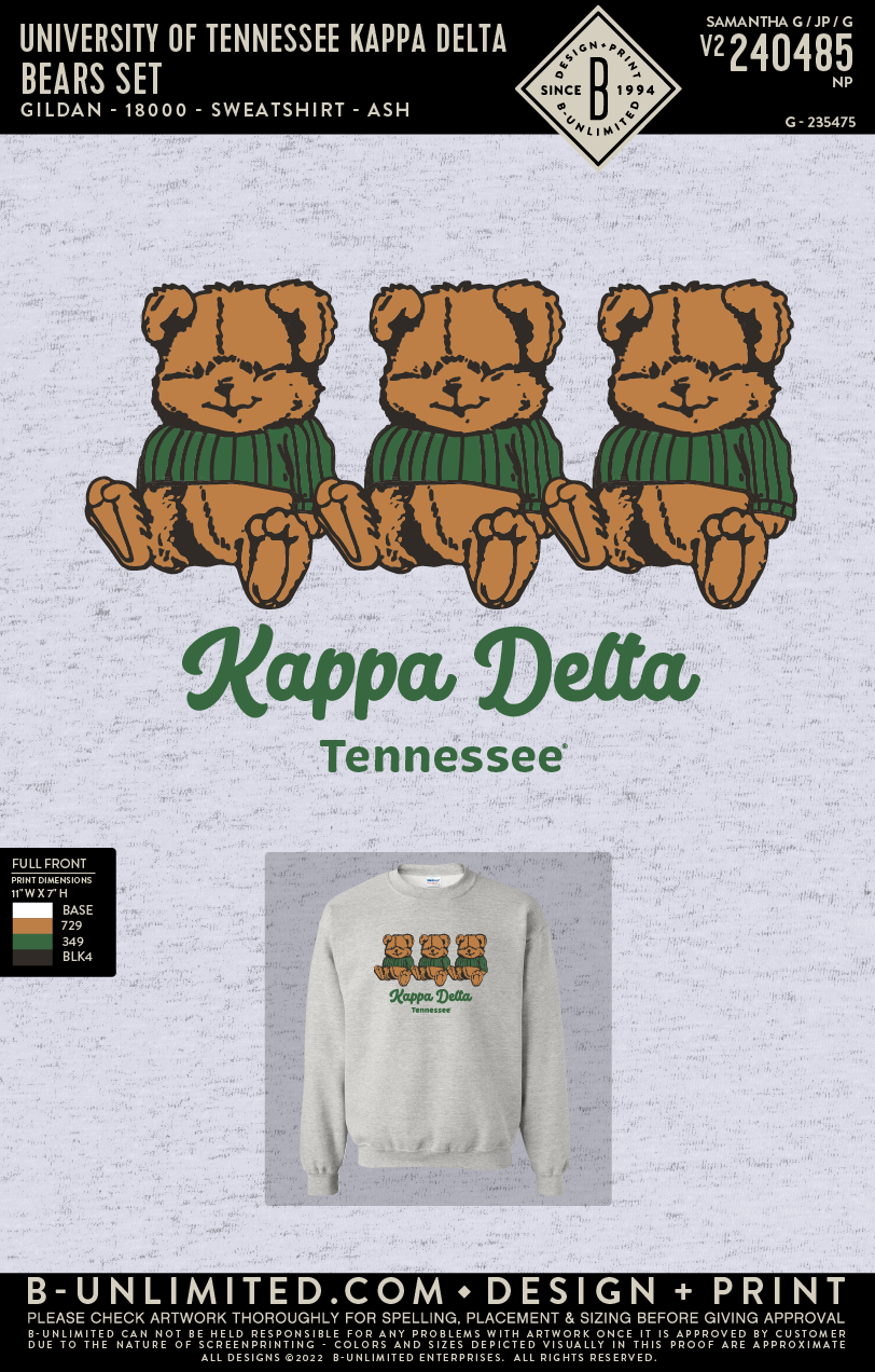 University of Tennessee Kappa Delta - Bears Set - Gildan - 18000 - Sweatshirt - Ash Grey
