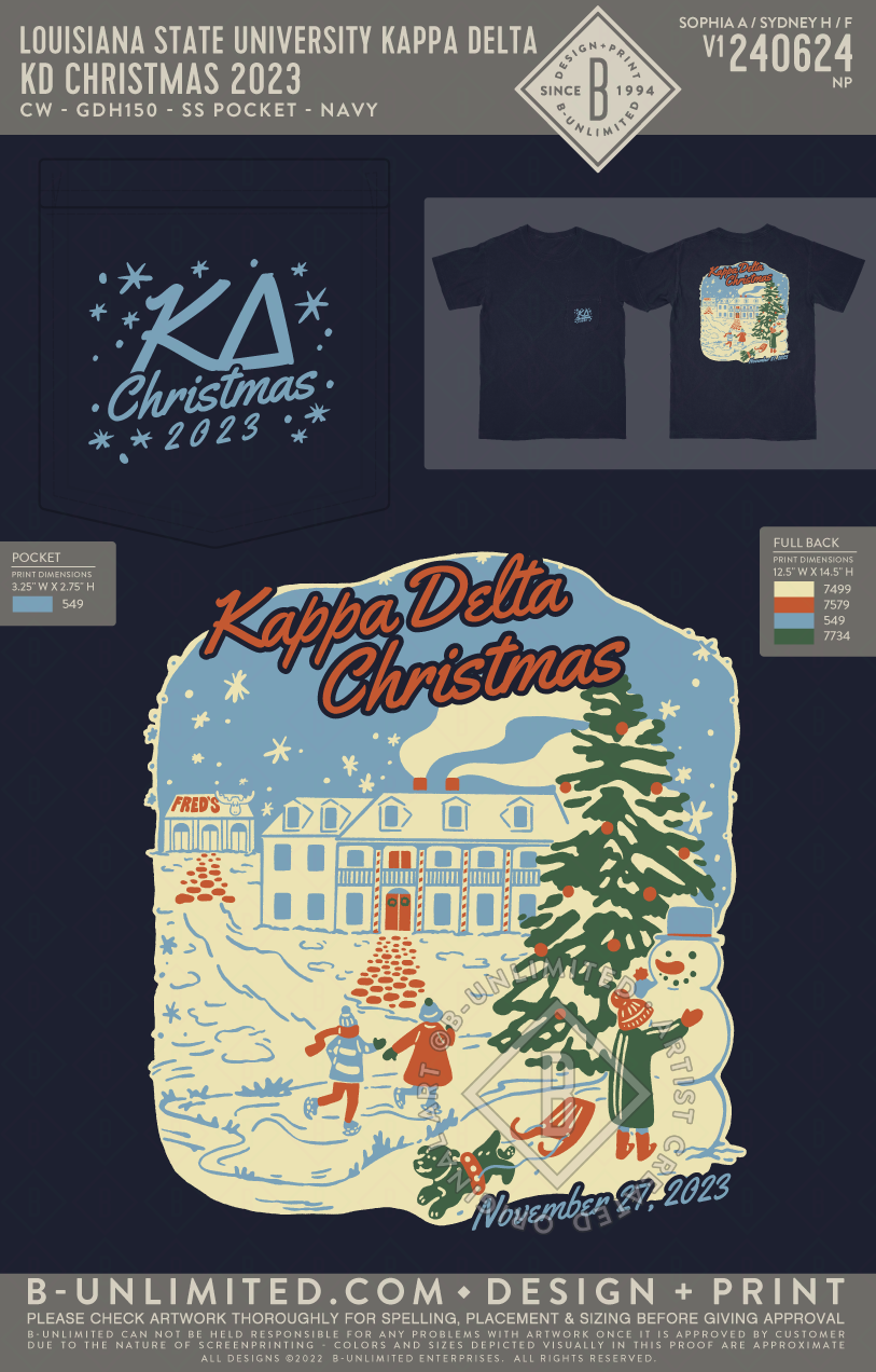 Louisiana State University Kappa Delta - KD Christmas 2023 - CW - GDH150 - SS Pocket - Navy