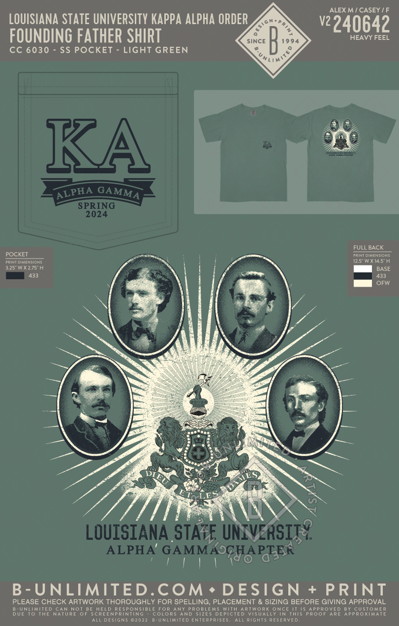 Louisiana State University Kappa Alpha Order - Founding father shirt - CC - 6030 - SS Pocket - Light Green