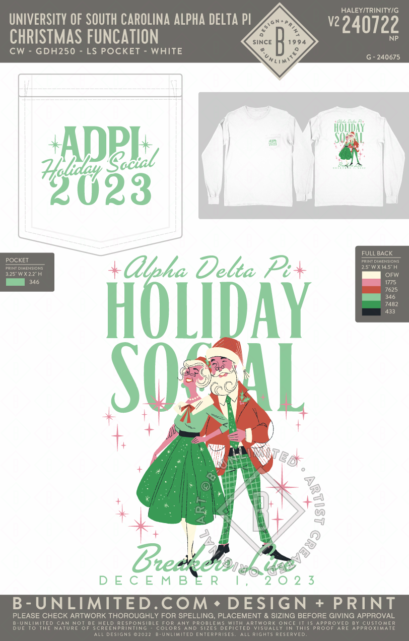 University of South Carolina Alpha Delta Pi - Christmas Function - CW - GDH250 - LS Pocket - White