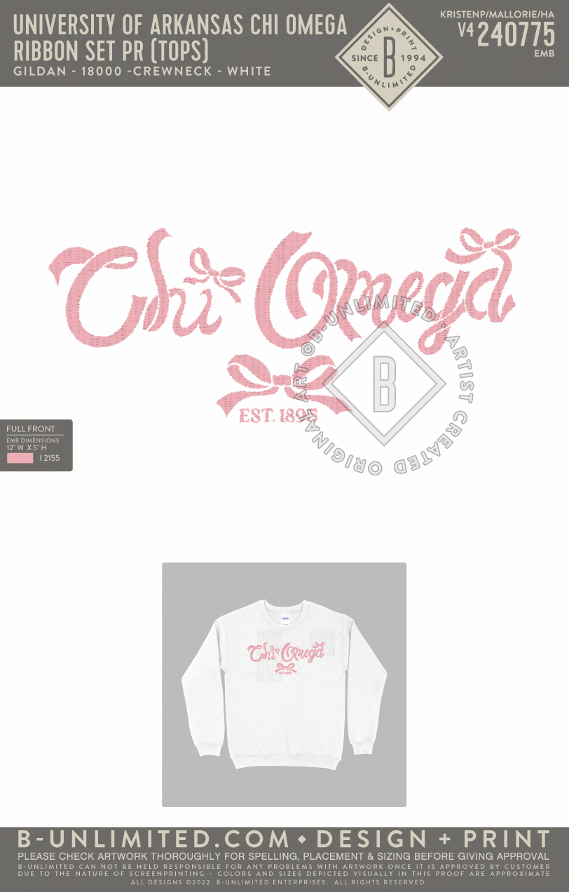 University of Arkansas Chi Omega - Ribbon Set PR (Tops) - Gildan - 18000 - Sweatshirt - White