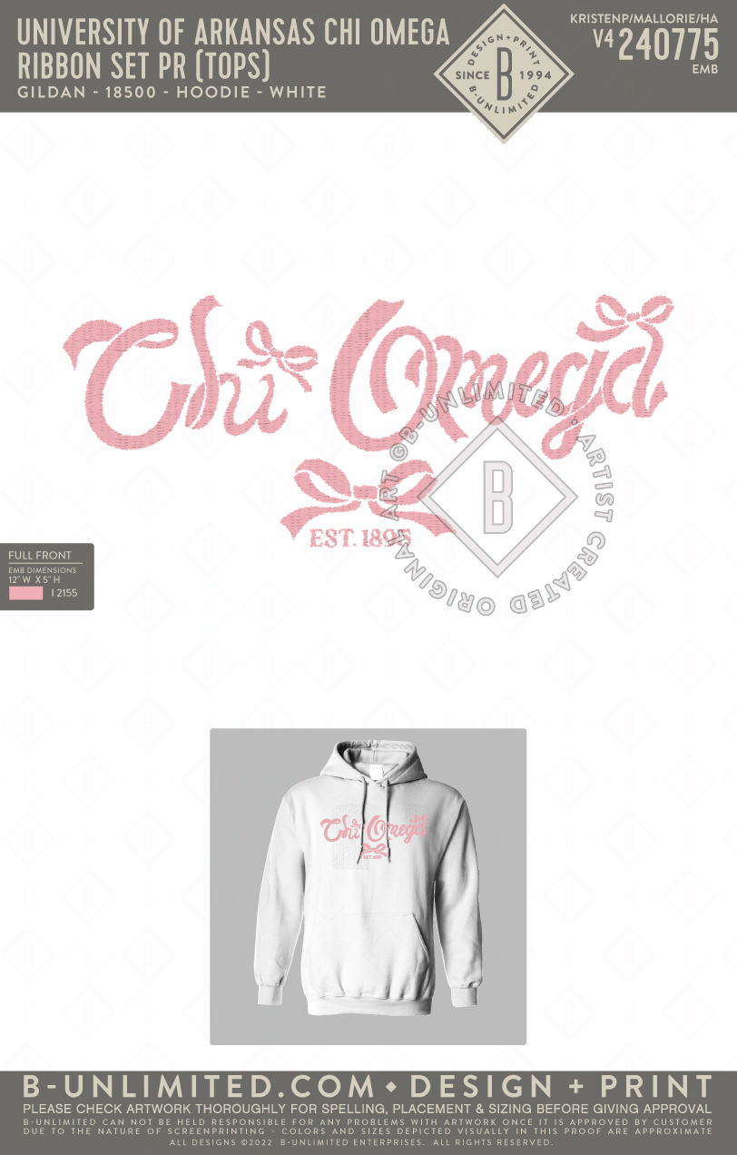 University of Arkansas Chi Omega - Ribbon Set PR (Tops) - Gildan - 18500 - Hoodie - White