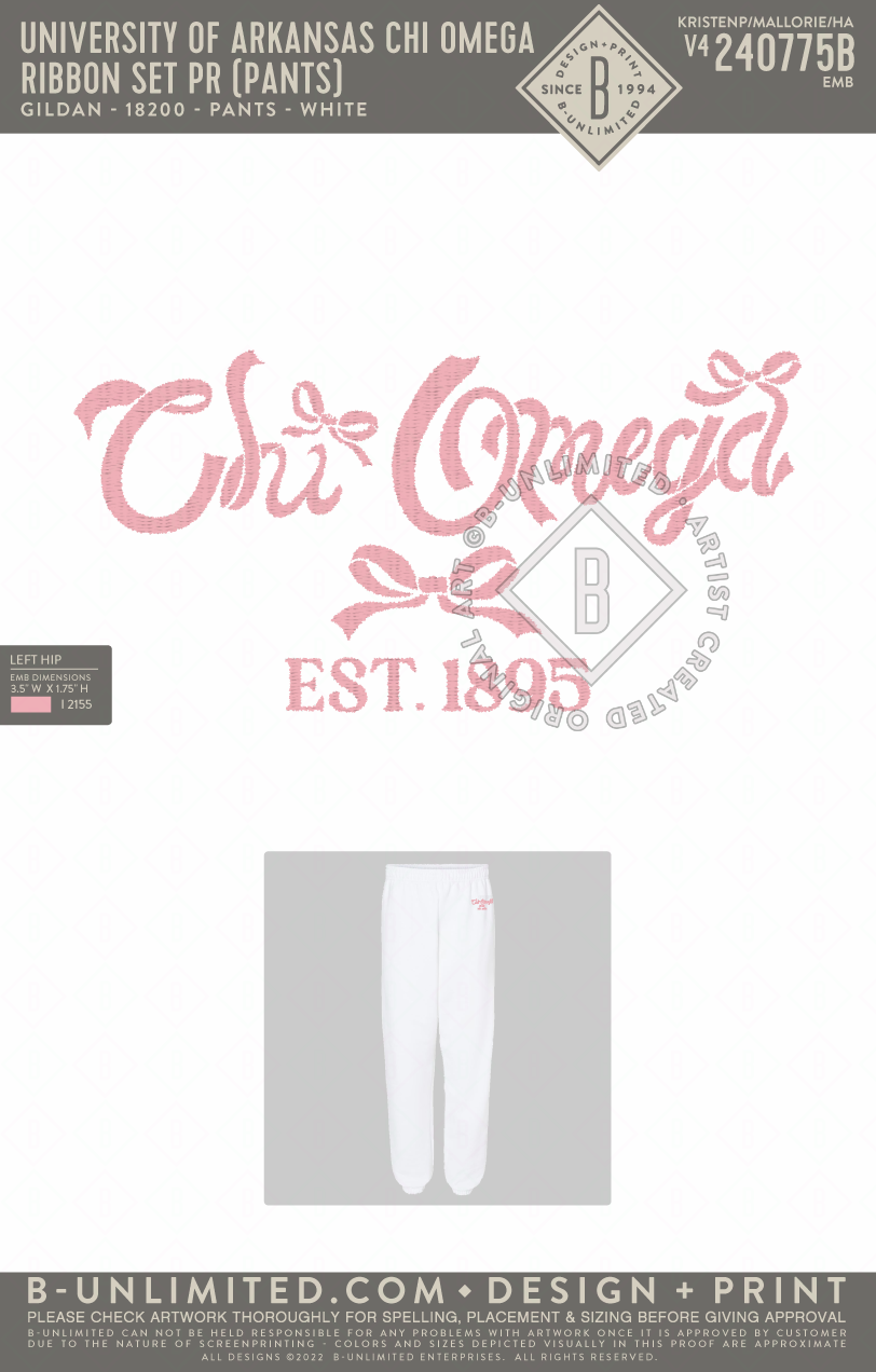 University of Arkansas Chi Omega - Ribbon Set PR (Pants) - Gildan - 18200 - Sweatpants - White