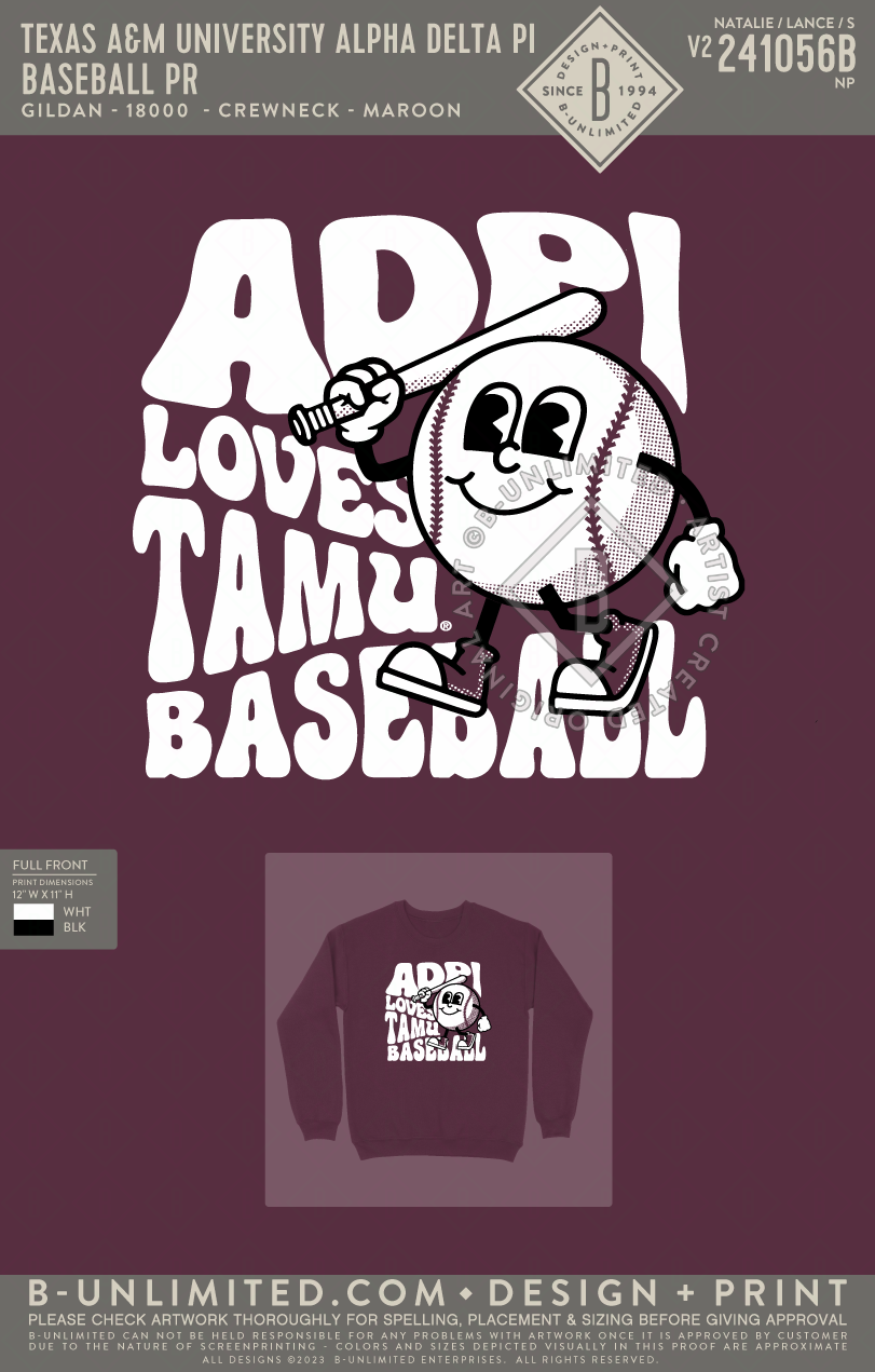 Texas A&M University Alpha Delta Pi - Baseball PR - Gildan - 18000 - Sweatshirt - Maroon