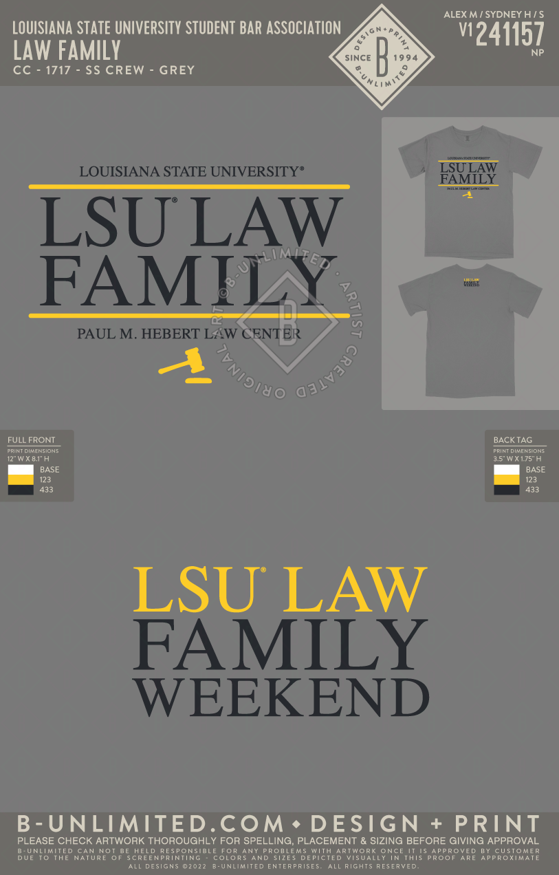 Louisiana State University Student Bar Association Law Family Tee