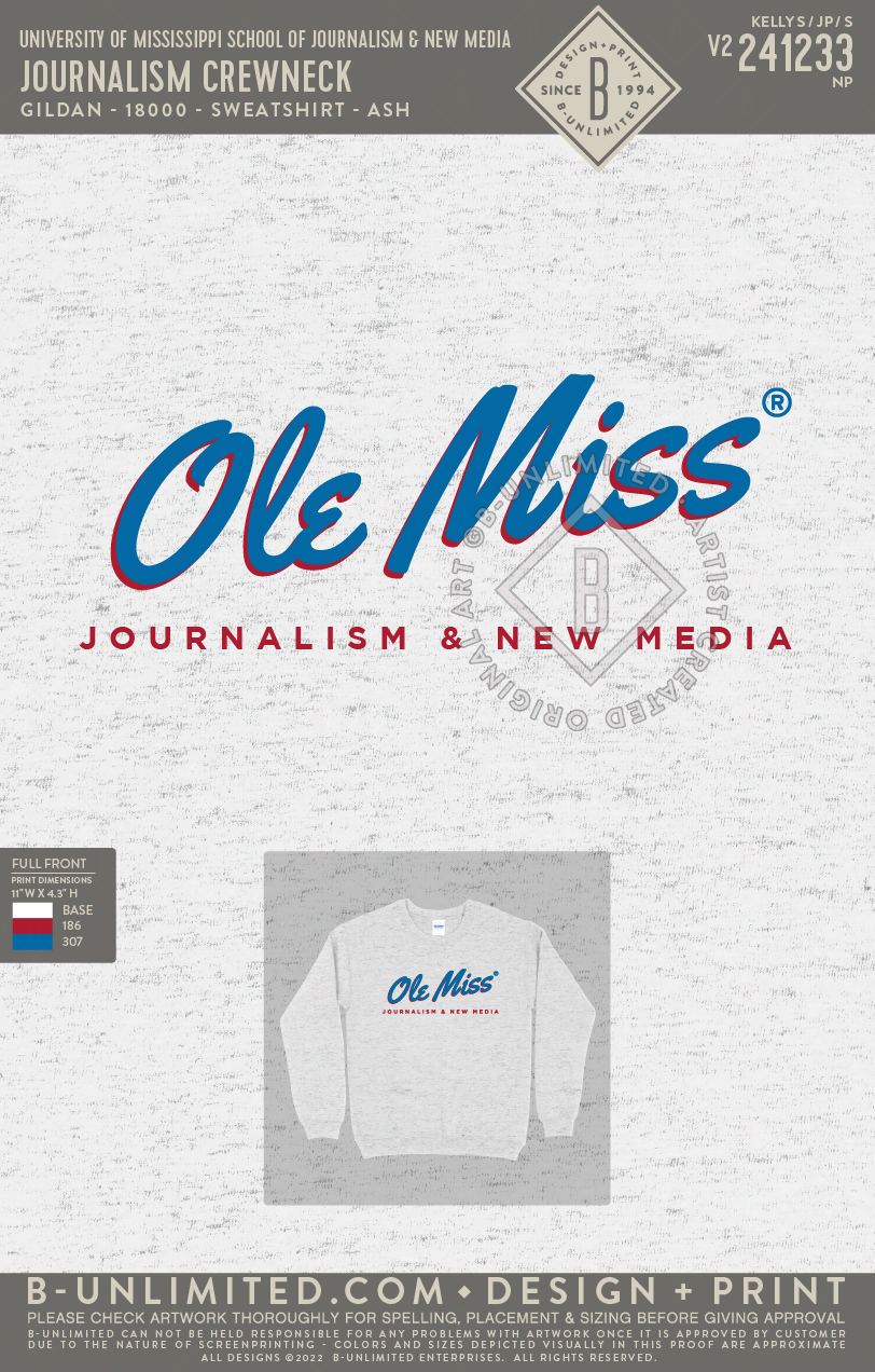 University of Mississippi School of Journalism & New Media - Journalism Crewneck - Gildan - 18000 - Sweatshirt - Ash Grey