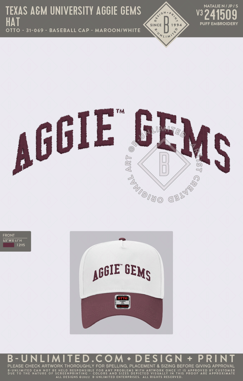 Texas A&M University Aggie Gems - Hat - Otto Cap - 31-069 - Baseball Cap - Maroon/White