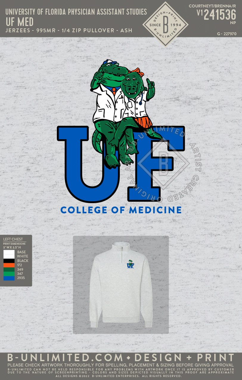 University of Florida Physician Assistant Studies - UF Med - Jerzees - 995MR - 1/4 Zip Pullover - Ash