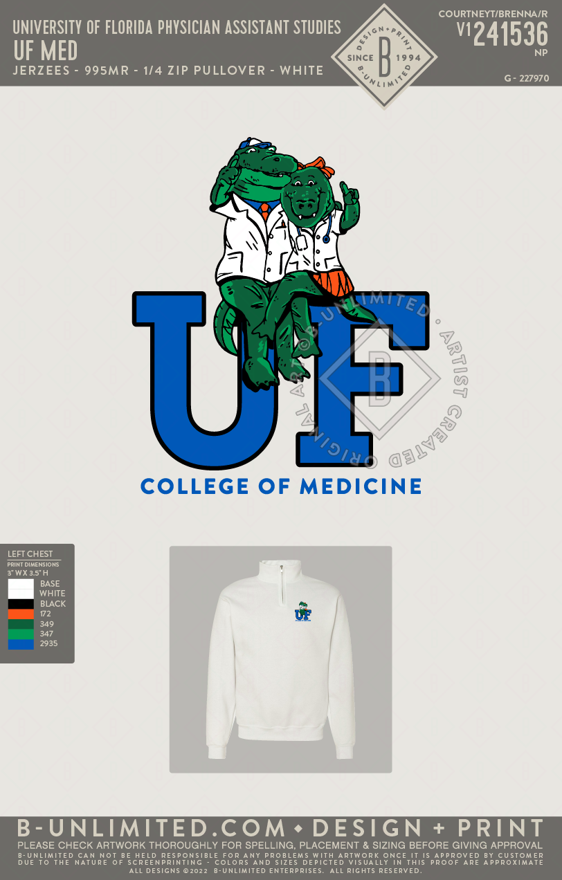 University of Florida Physician Assistant Studies - UF Med - Jerzees - 995MR - 1/4 Zip Pullover - White