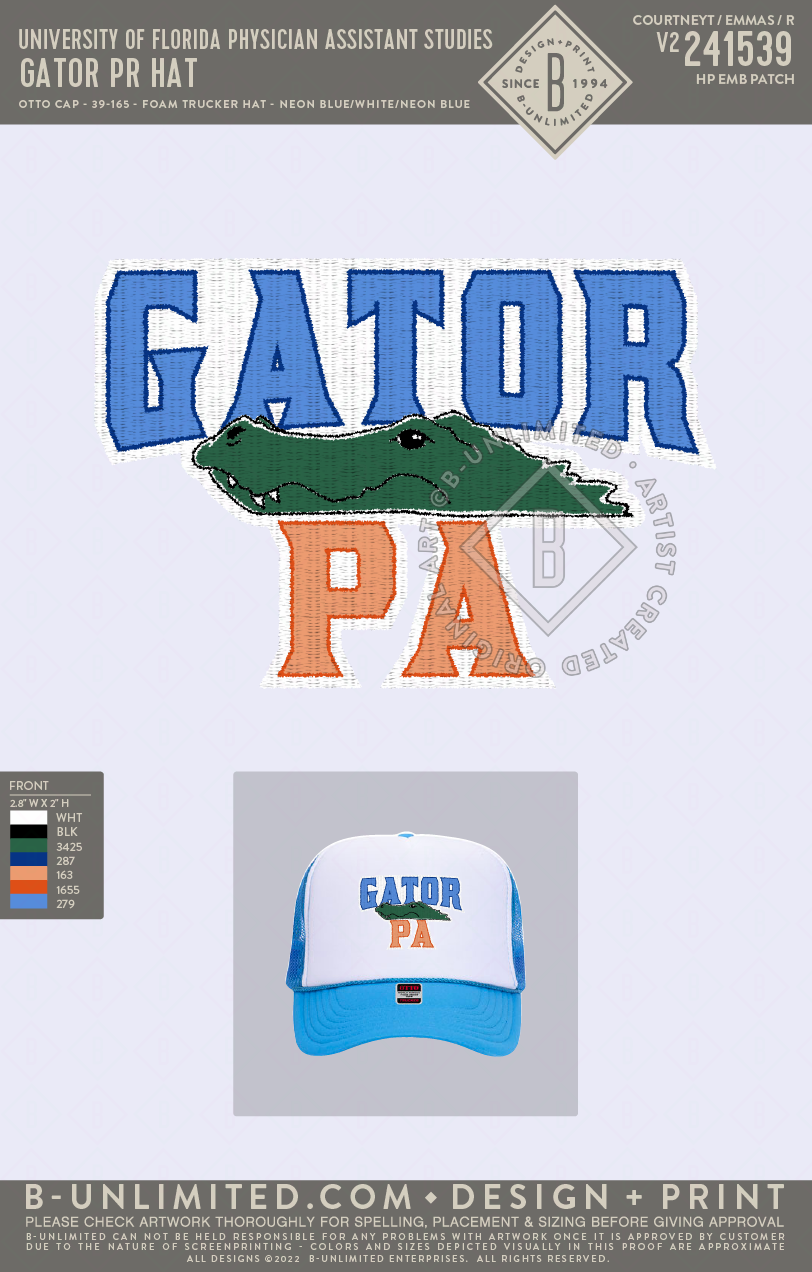 University of Florida Physician Assistant Studies - Gator PR hat - Otto Cap - 39-165 - Foam Trucker Hat - Neon Blue/White/Neon Blue