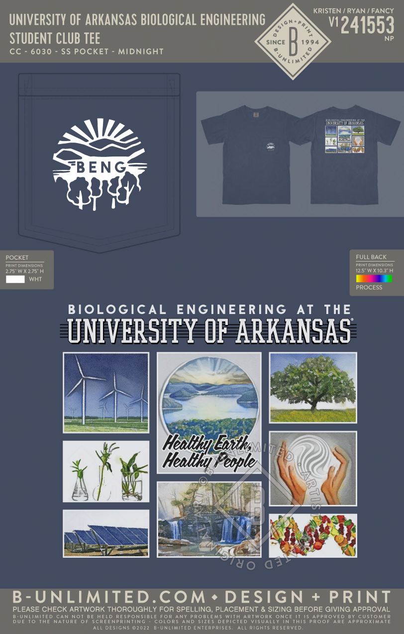 University of Arkansas Biological Engineering - Student Club Tee - CC - 6030 - SS Pocket - Midnight